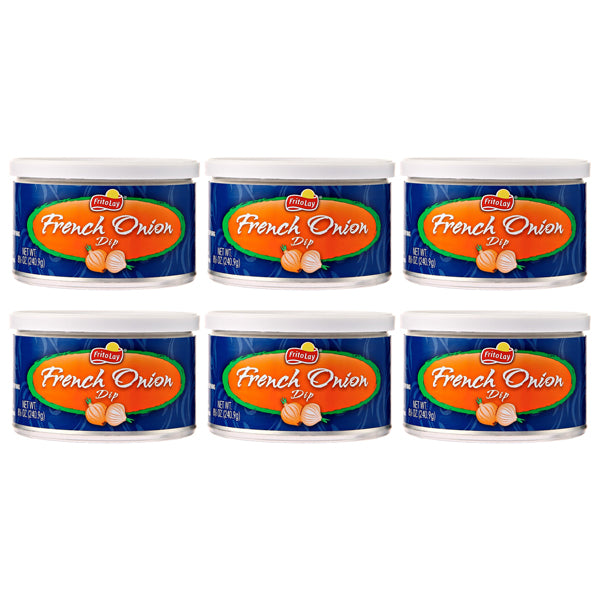 Six FritoLay Dip French Onion Flavor 8.5oz containers are arranged in two rows of three, each with a blue label featuring orange and white text and onion graphics, perfect for pairing with LAY’S Wavy Original or other Frito-Lay chips.